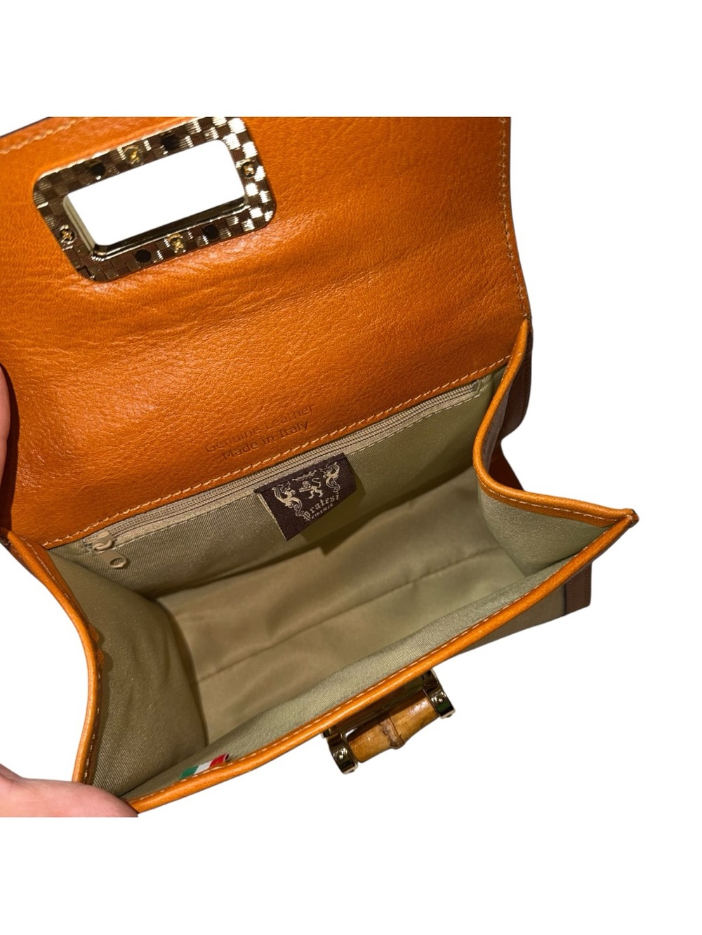 Pratesi Firenze Italy Bamboo Handle Leather Linen Top Handle Satchel Handbag Mad - Picture 5 of 9